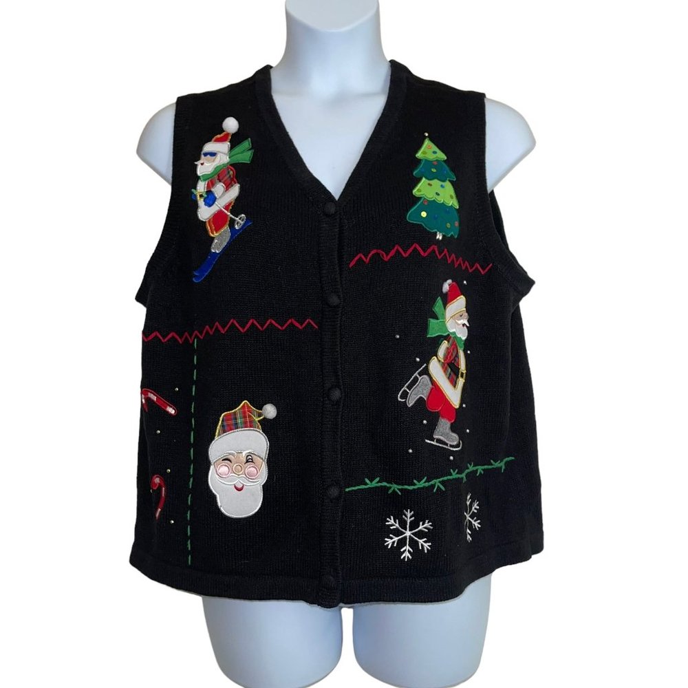 Vtg Bechamel Plus Size Cardigan Sweater Vest Womens 1X Christmas Santa Holiday